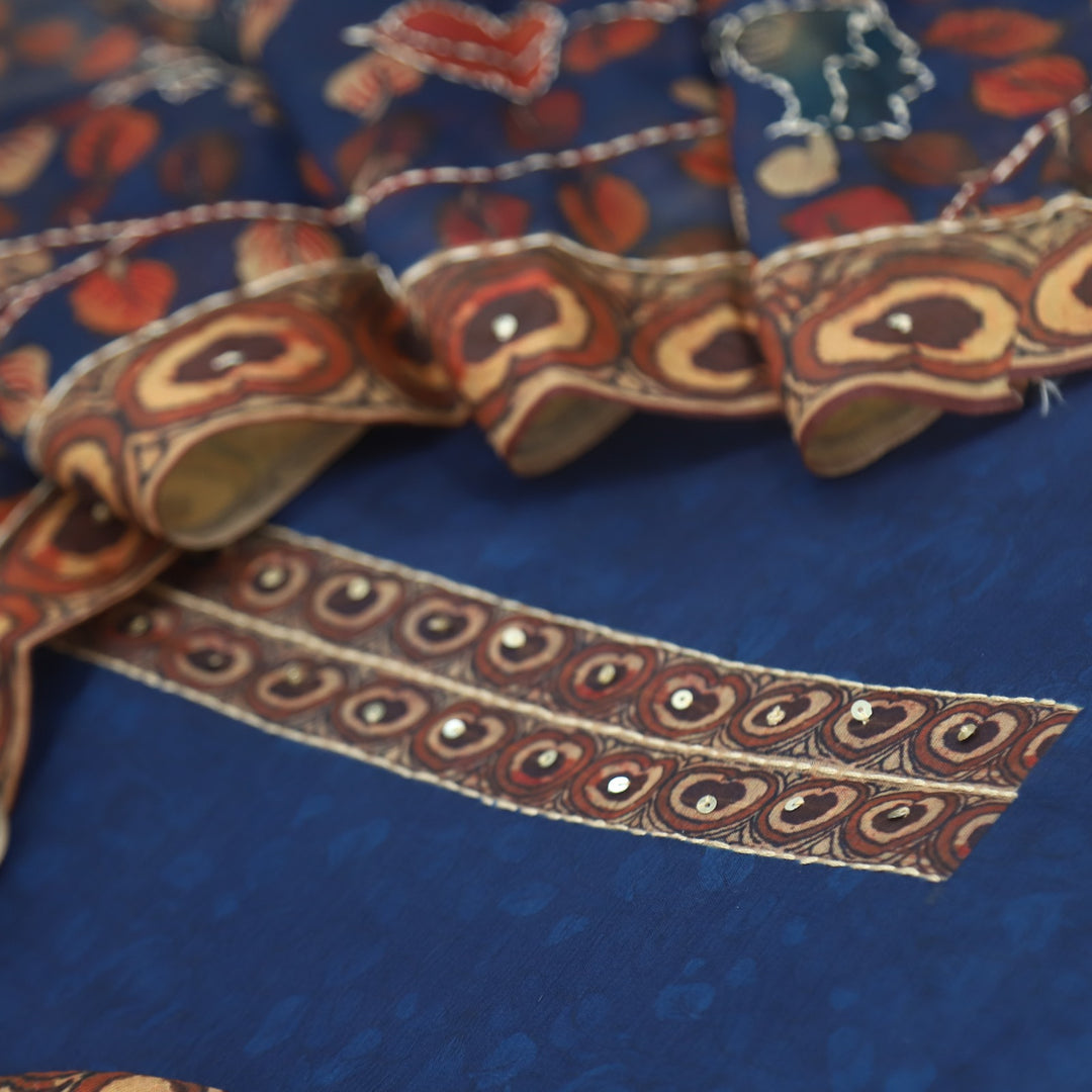 Kohinoor Denim Blue Chanderi Top with Kantha Dupatta