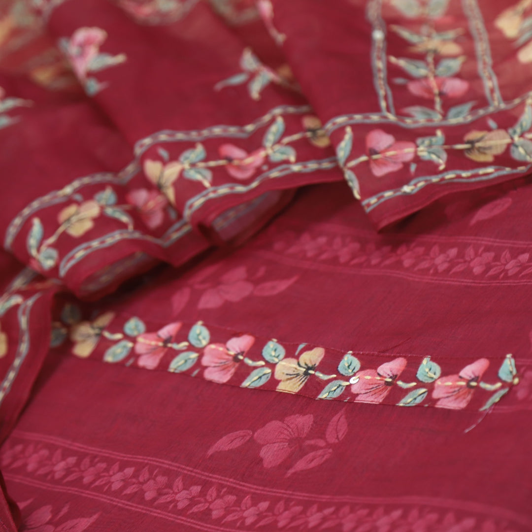 Kohinoor Raspberry Chanderi Top With Kantha Work Chanderi Dupatta