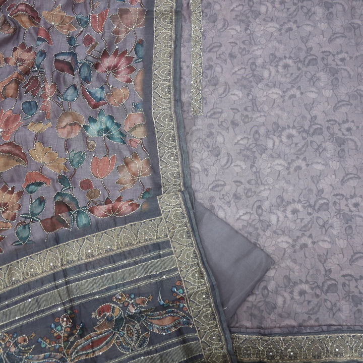 Kohinoor Pebble Grey Chanderi Top with Kantha Dupatta