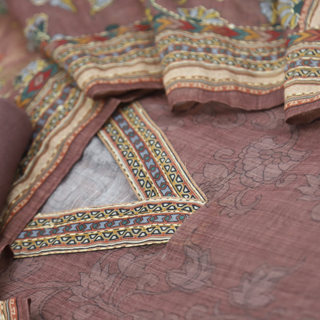 Kohinoor Chocolate Brown V Neck Chanderi Top with Kantha Dupatta