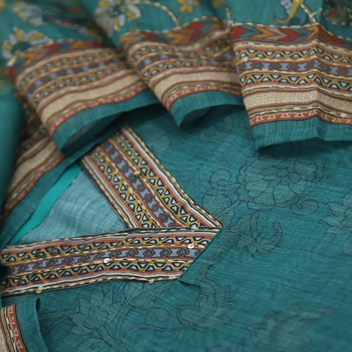 Kohinoor Teal Blue V Neck Chanderi Top with Kantha Dupatta