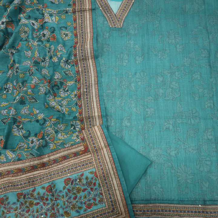 Kohinoor Teal Blue V Neck Chanderi Top with Kantha Dupatta