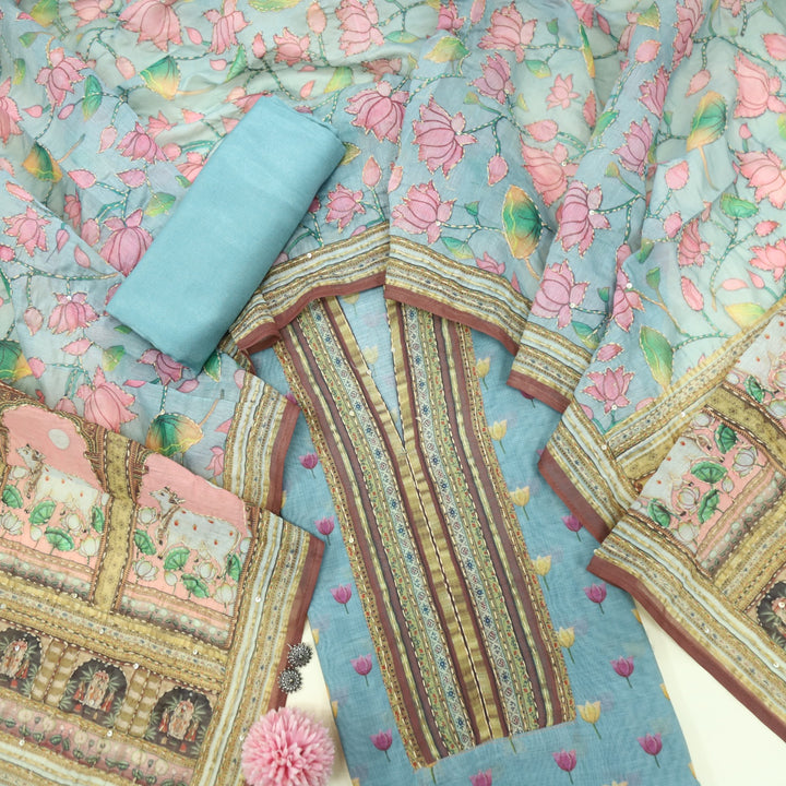 Kohinoor Cerulean Blue Chanderi Top with Kantha Dupatta