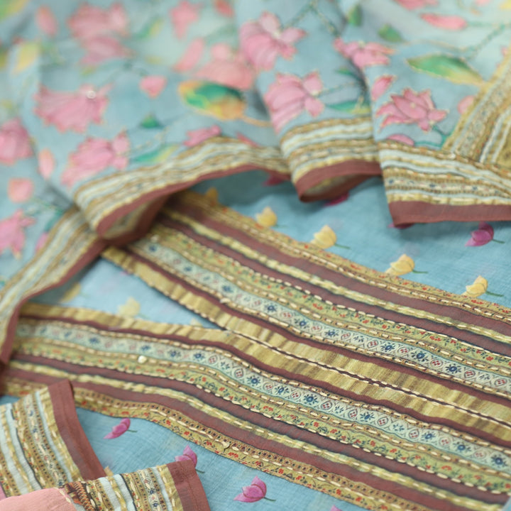 Kohinoor Cerulean Blue Chanderi Top with Kantha Dupatta