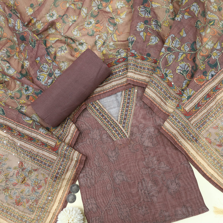 Kohinoor Chocolate Brown V Neck Chanderi Top with Kantha Dupatta