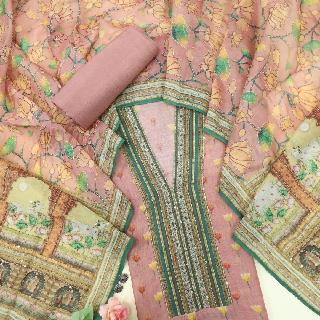 Kohinoor Mauve Pink V Neck Chanderi Top with Kantha Dupatta
