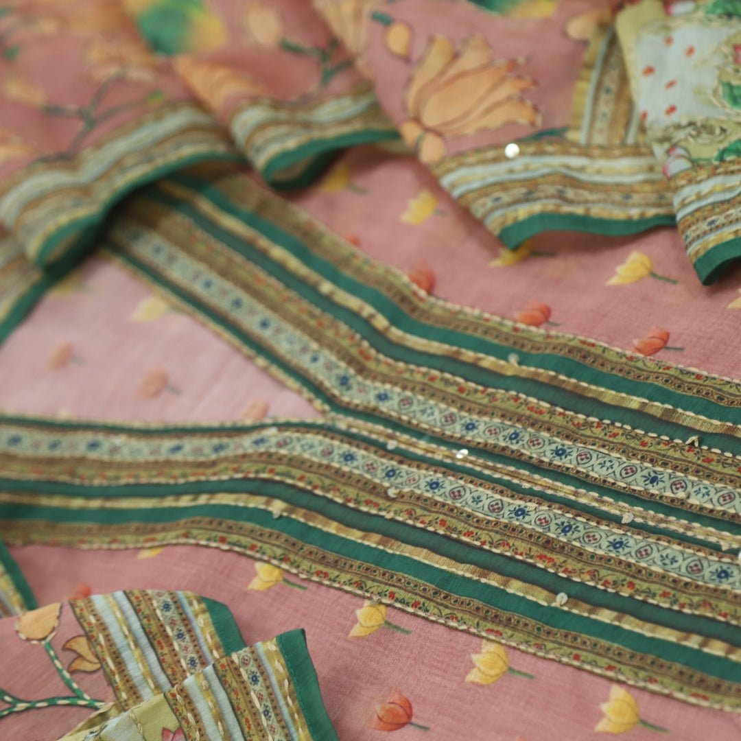 Kohinoor Mauve Pink V Neck Chanderi Top with Kantha Dupatta