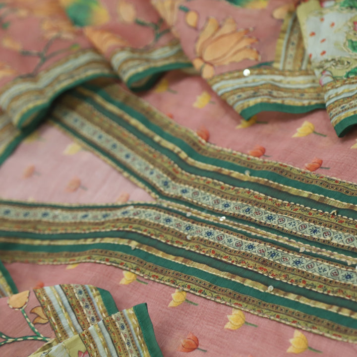 Kohinoor Mauve Pink V Neck Chanderi Top with Kantha Dupatta