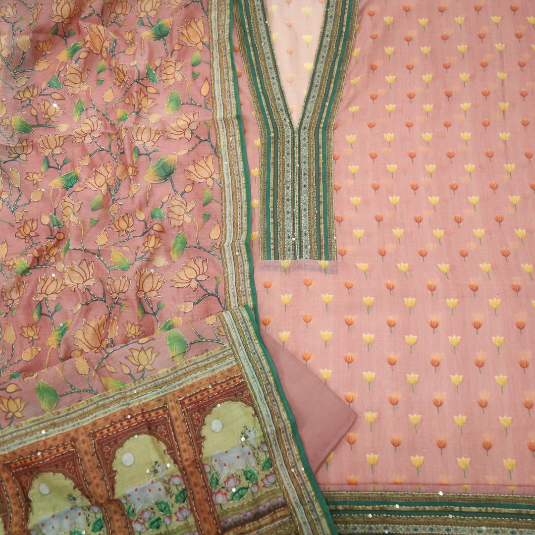Kohinoor Mauve Pink V Neck Chanderi Top with Kantha Dupatta