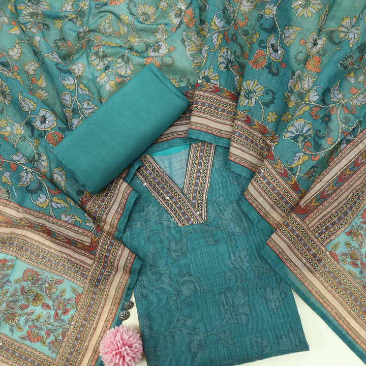 Kohinoor Teal Blue V Neck Chanderi Top with Kantha Dupatta
