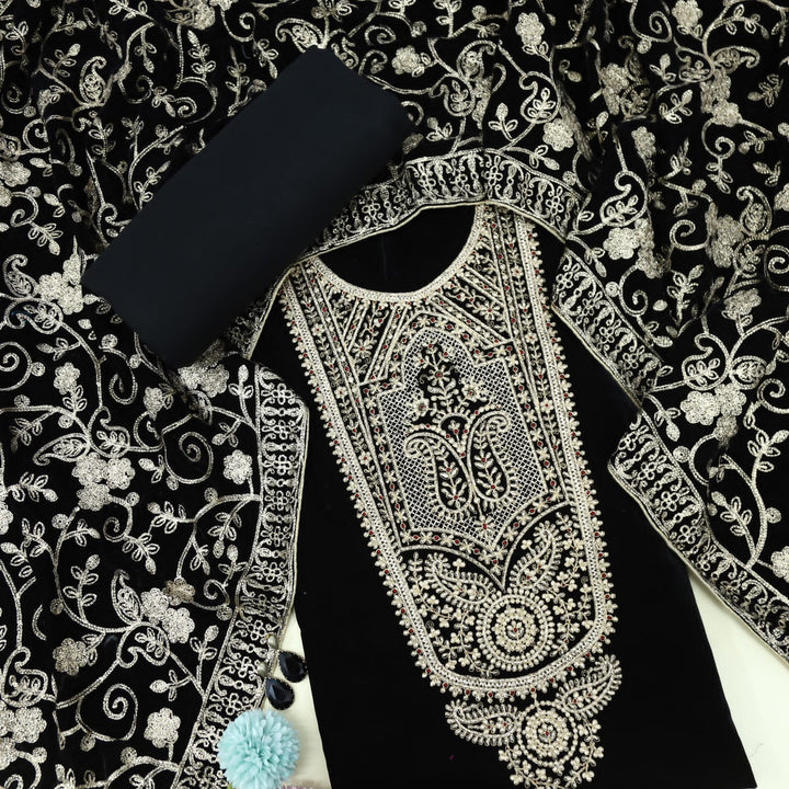 Noor Bliss Black Zari Work Velvet Top with Velvet Dupatta