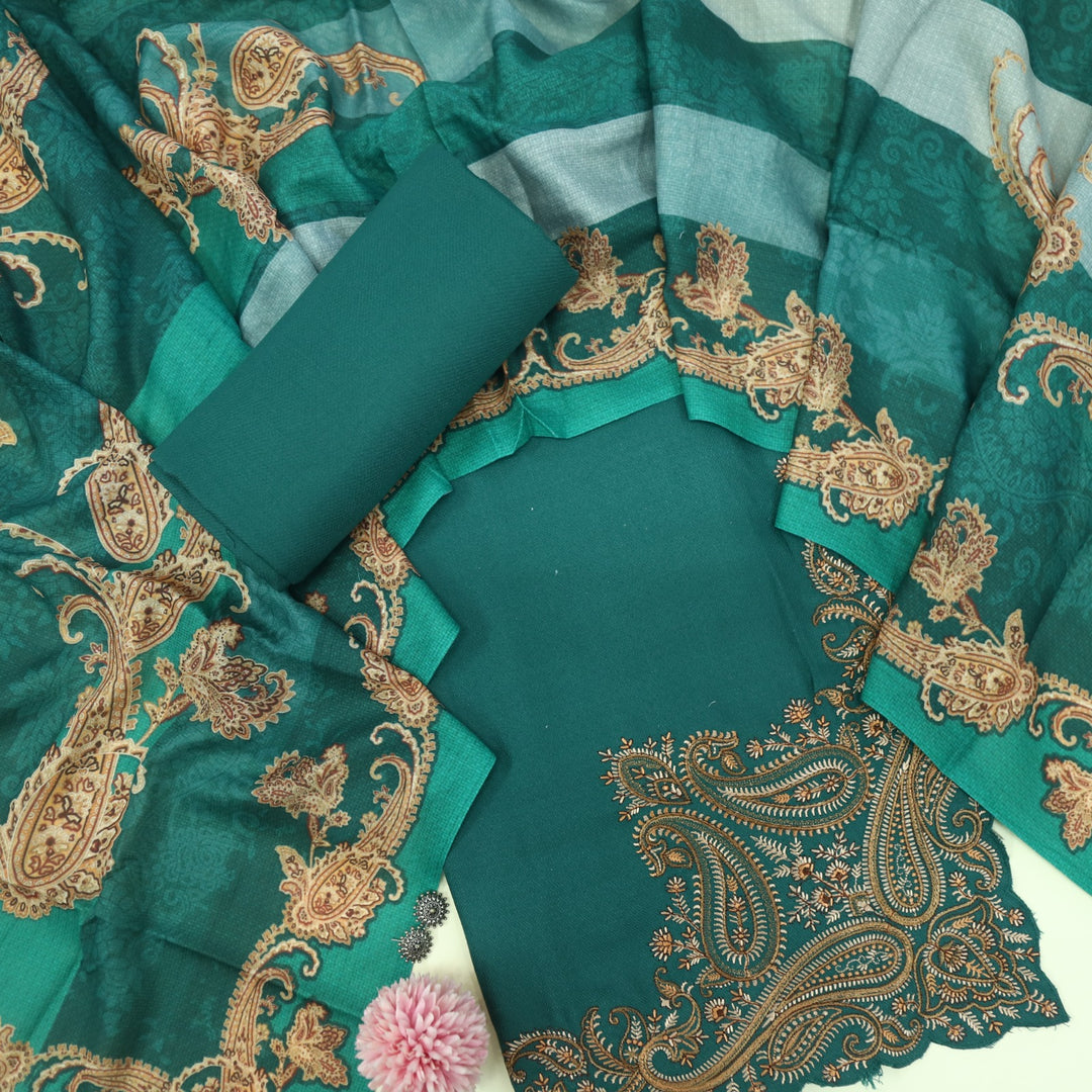 Tanhaai Pine Green semi pashmina top with semi pashmina dupatta