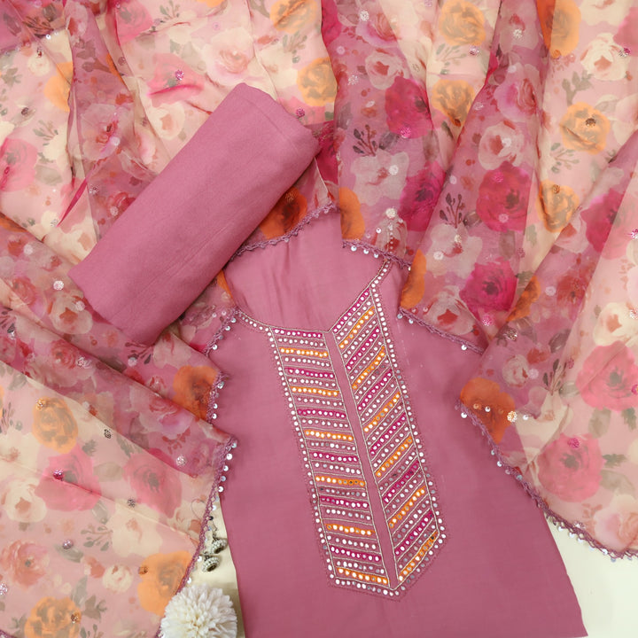 Iltezaa Rose Pink Modal Top With Organza Dupatta