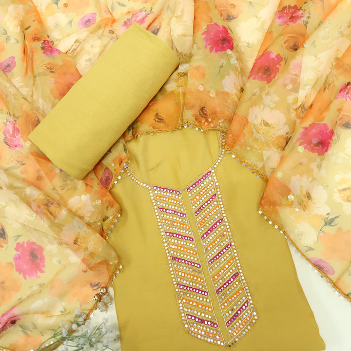 Iltezaa Gold Yellow Modal Top With Organza Dupatta