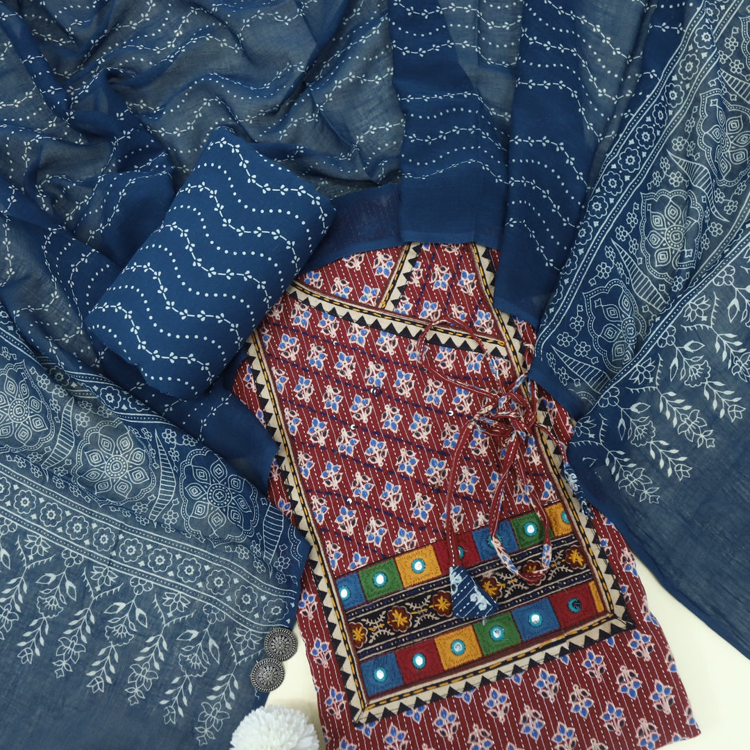 Ruhani Jam Red Angrakha Cotton Top With Cotton Dupatta