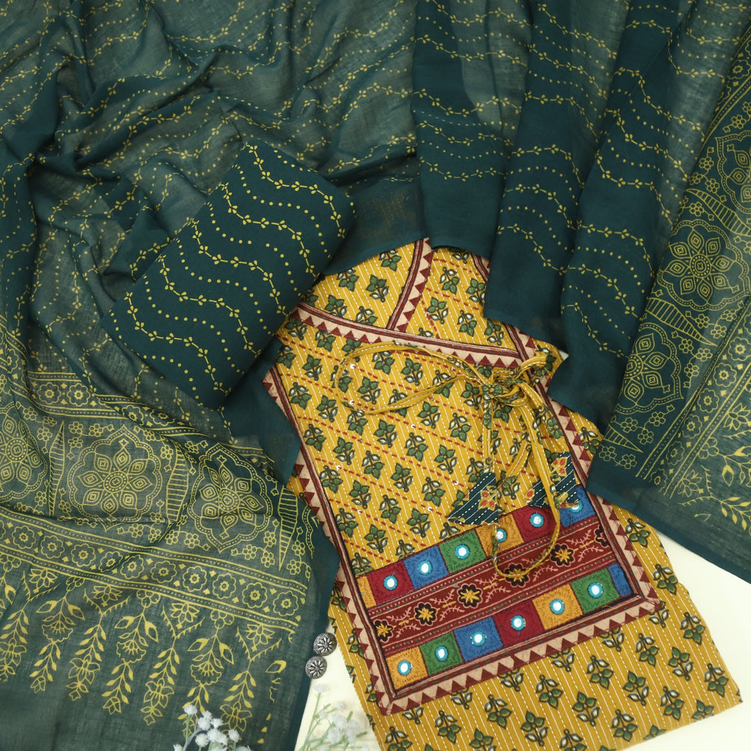 Ruhani Amber Yellow Angrakha Cotton Top With Cotton Dupatta