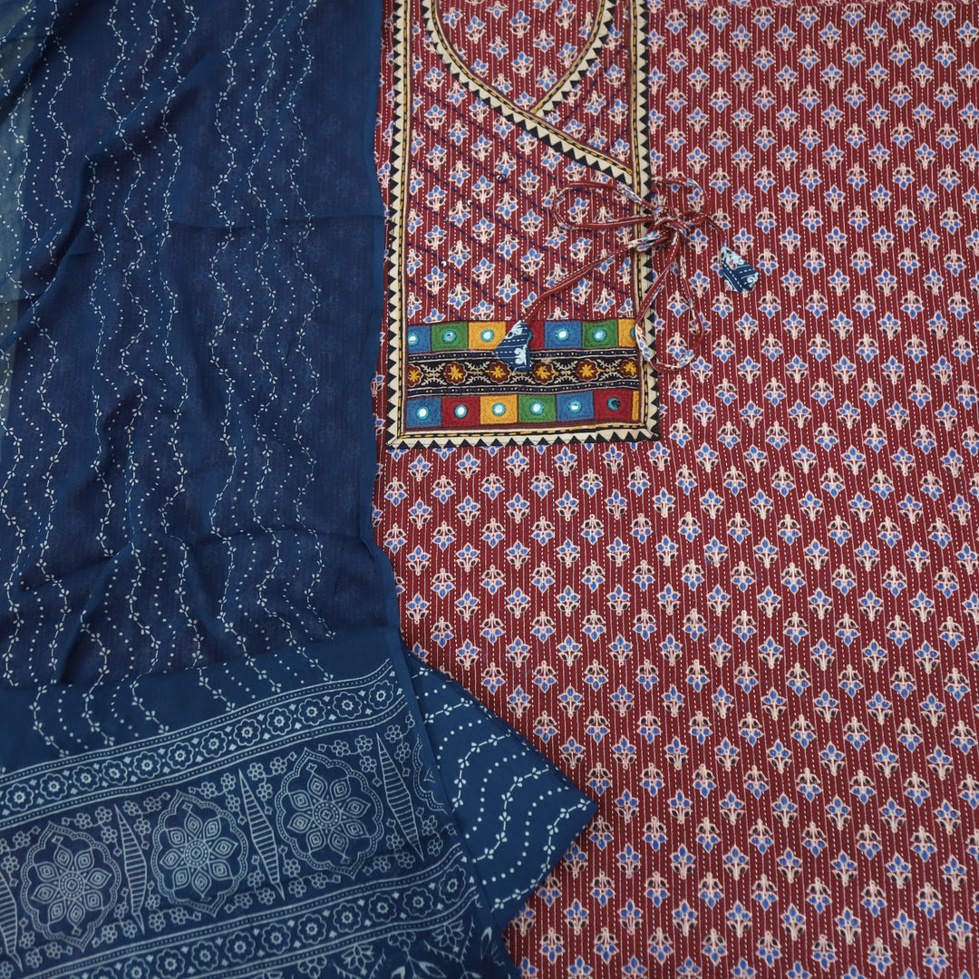 Ruhani Jam Red Angrakha Cotton Top With Cotton Dupatta
