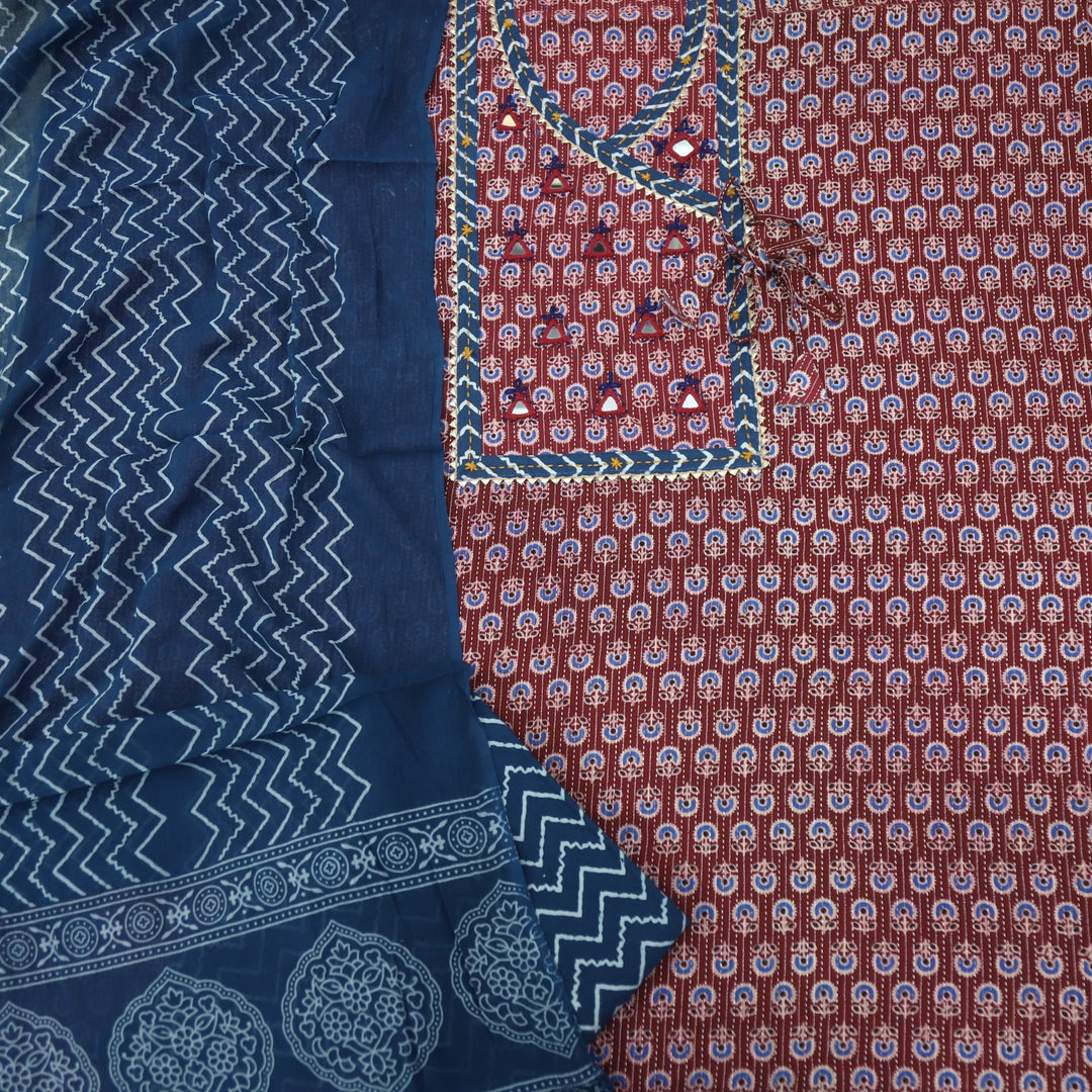 Ruhani Burgundy Red Angrakha Cotton Top With Cotton Dupatta
