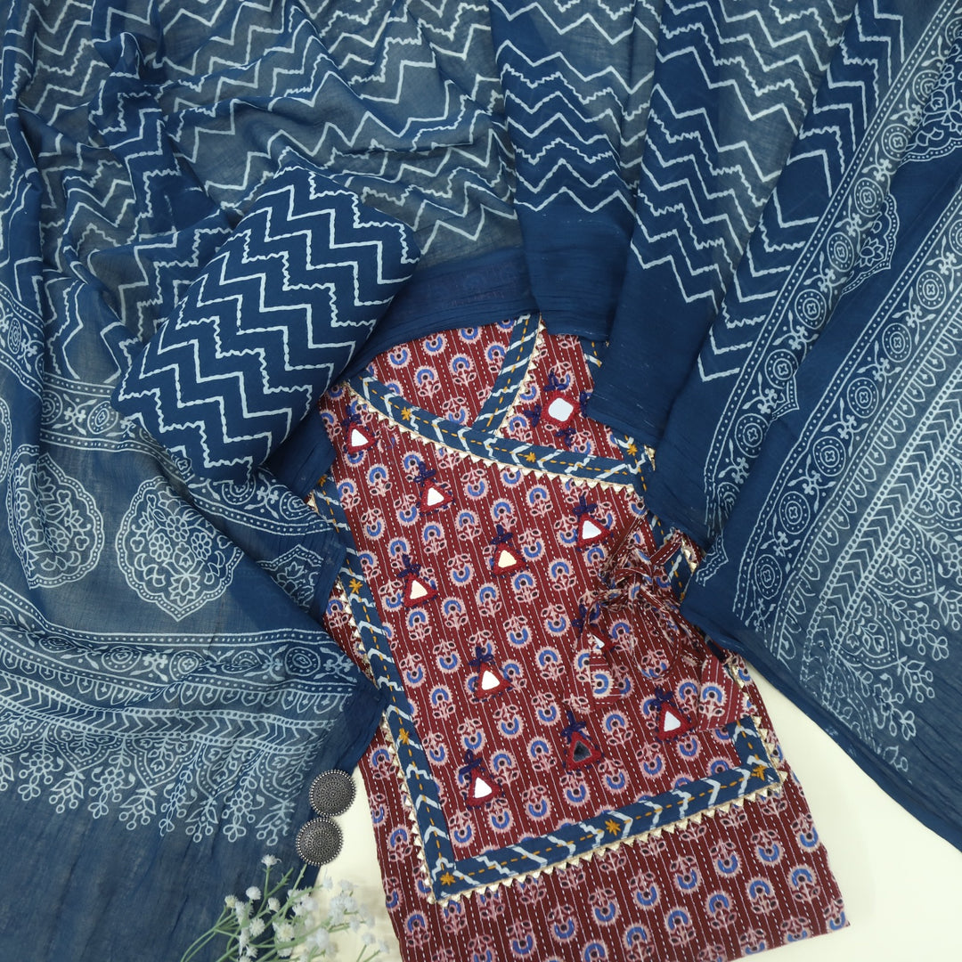 Ruhani Burgundy Red Angrakha Cotton Top With Cotton Dupatta