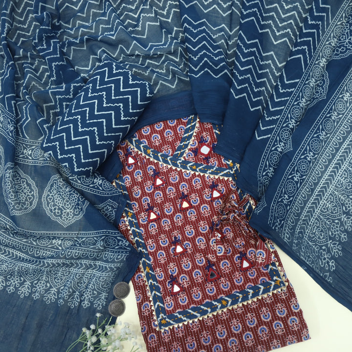 Ruhani Burgundy Red Angrakha Cotton Top With Cotton Dupatta