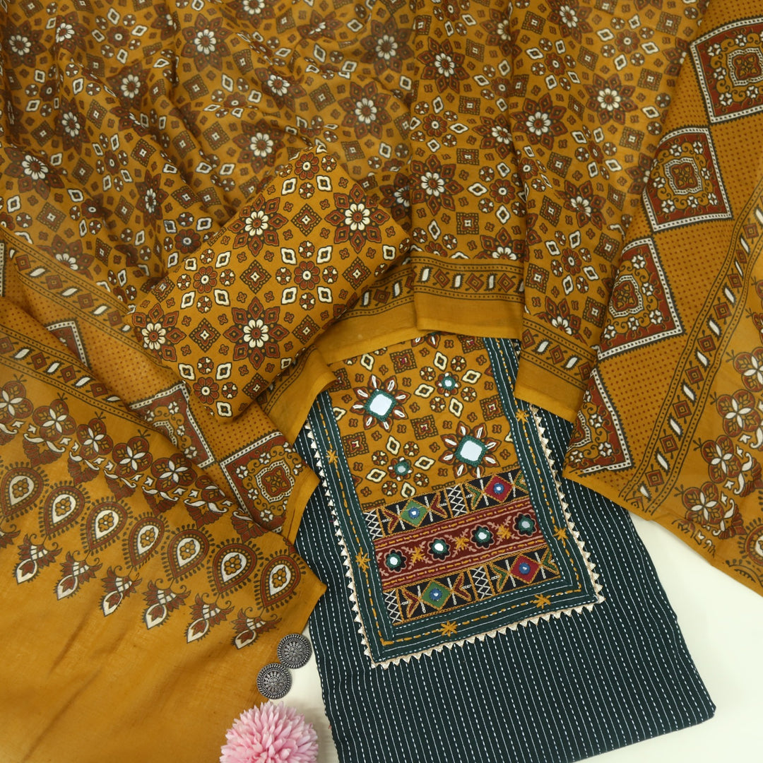 Anokhi Pine Green Ajrak Cotton Top with Printed Dupatta