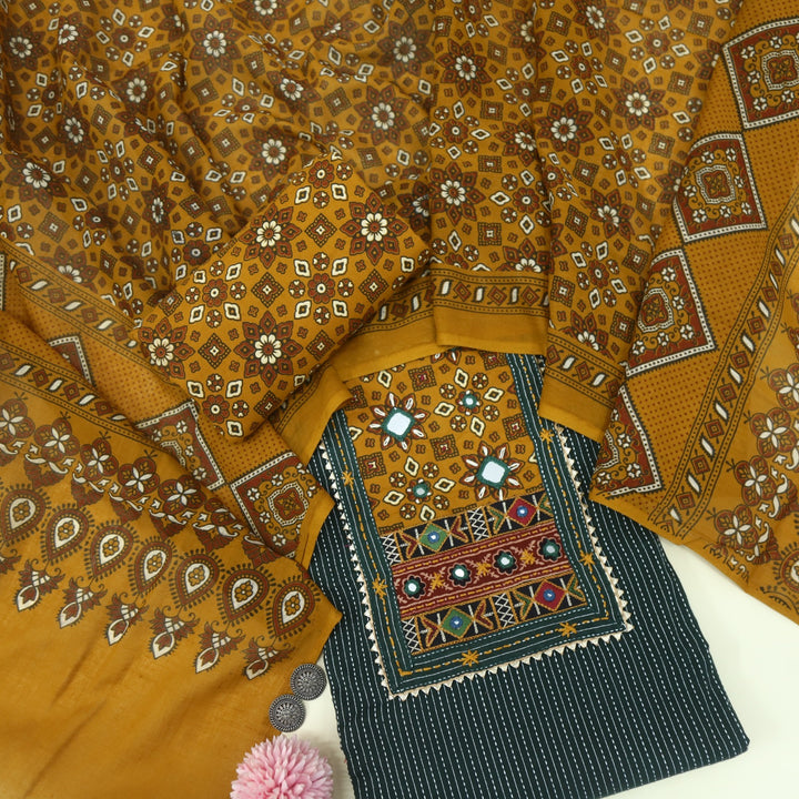 Anokhi Pine Green Ajrak Cotton Top with Printed Dupatta