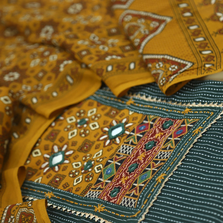 Anokhi Pine Green Ajrak Cotton Top with Printed Dupatta