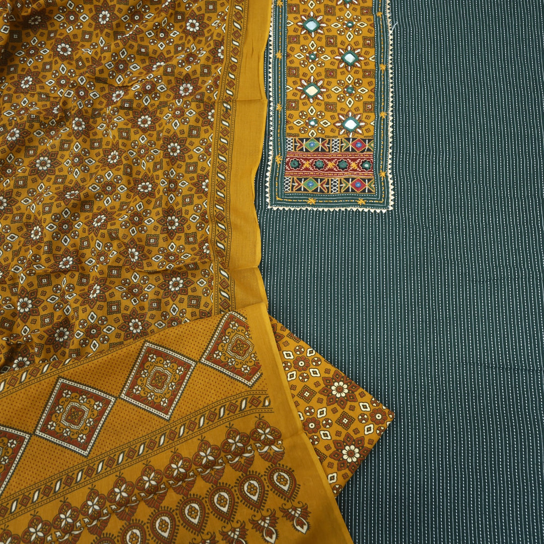 Anokhi Pine Green Ajrak Cotton Top with Printed Dupatta