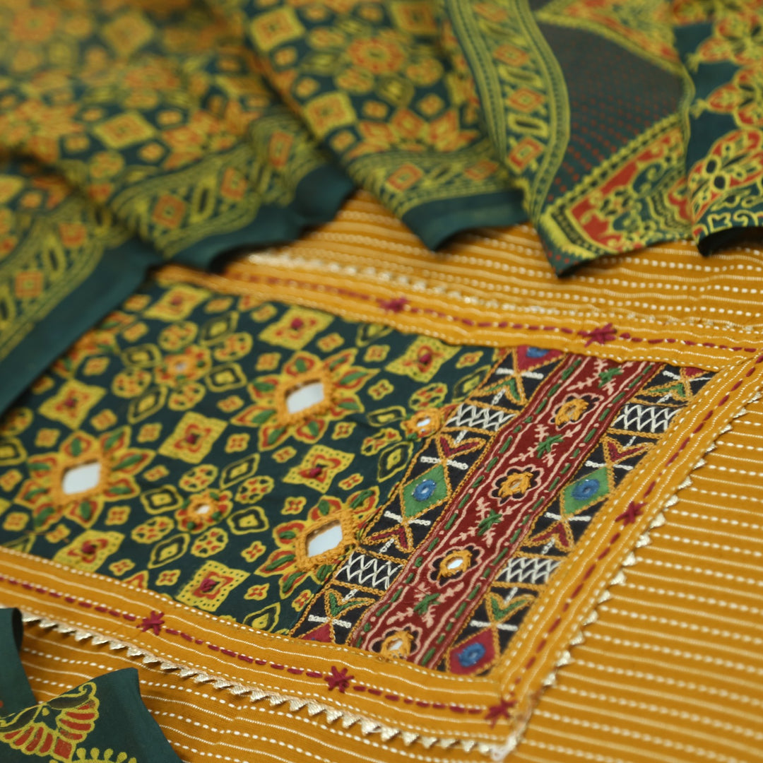 Anokhi Dijon Yellow Ajrak Cotton Top with Printed Dupatta