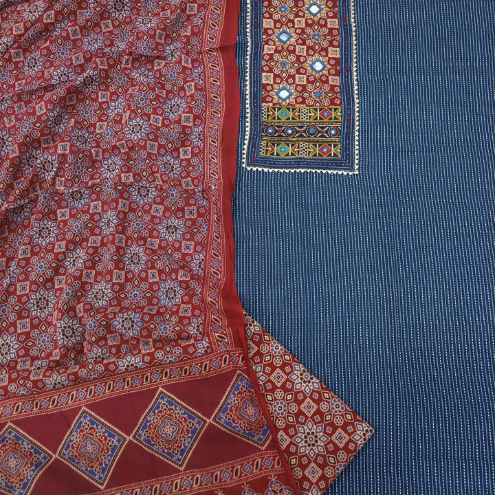 Anokhi Prussian Blue Ajrak Cotton Top with Printed Dupatta