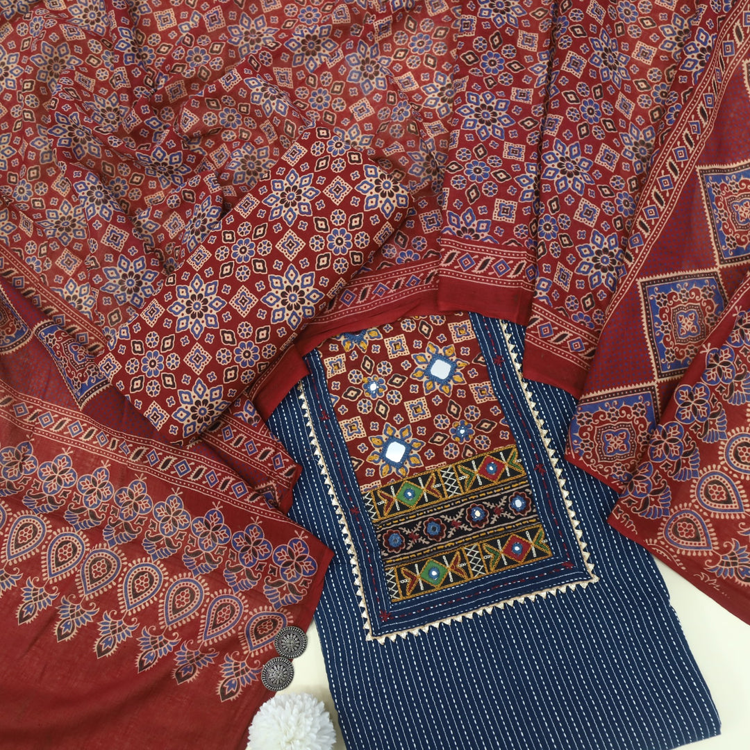 Anokhi Prussian Blue Ajrak Cotton Top with Printed Dupatta