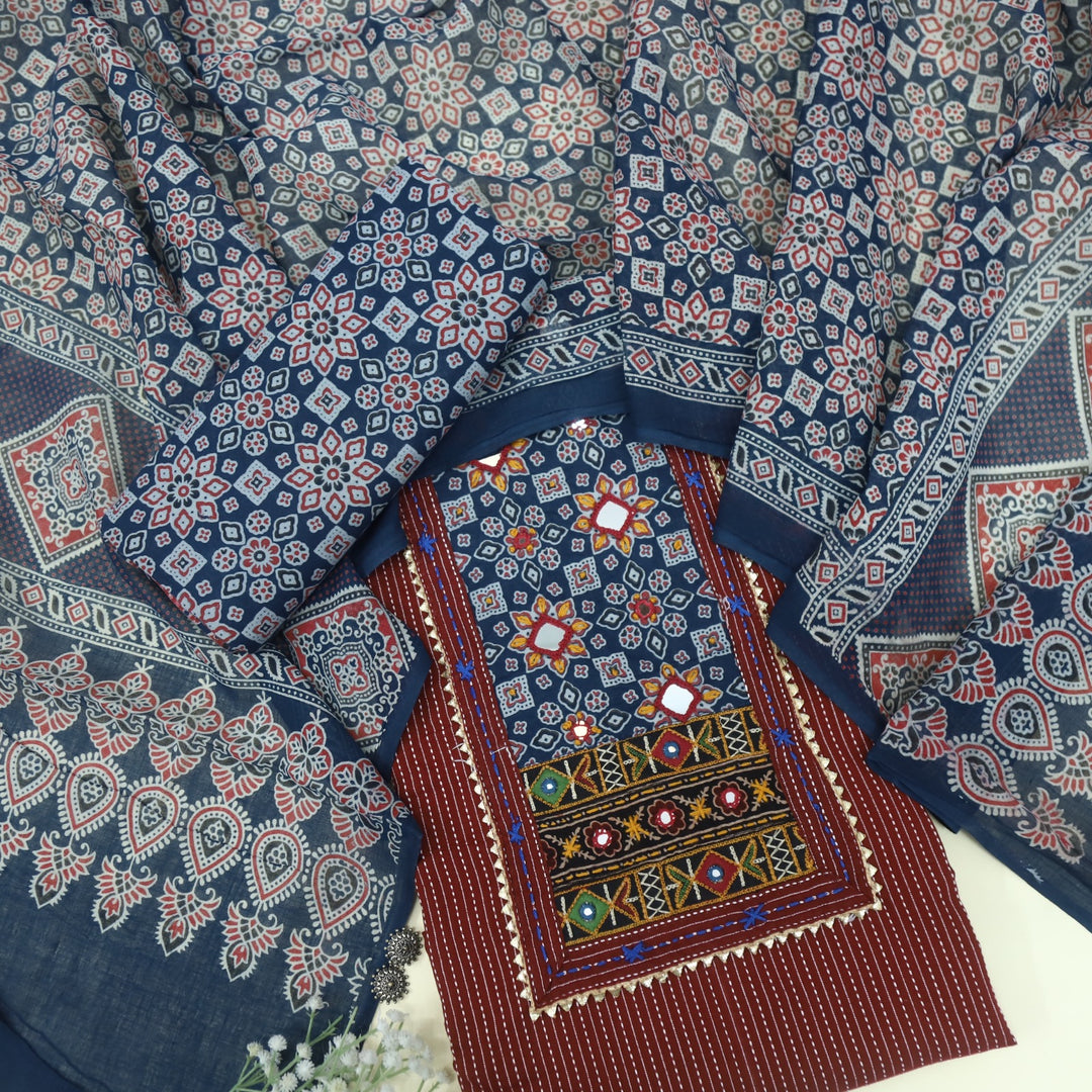 Anokhi Jam Red Ajrak Cotton Top with Printed Dupatta