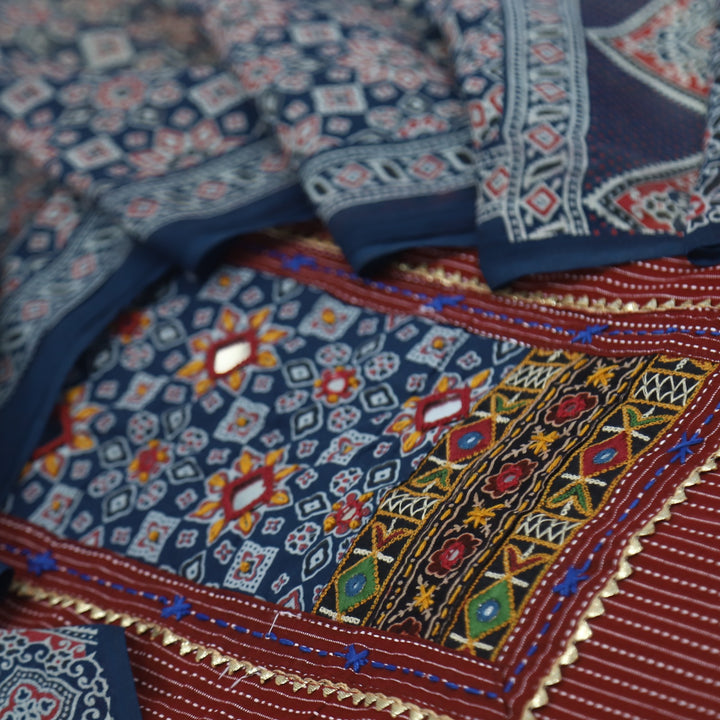 Anokhi Jam Red Ajrak Cotton Top with Printed Dupatta