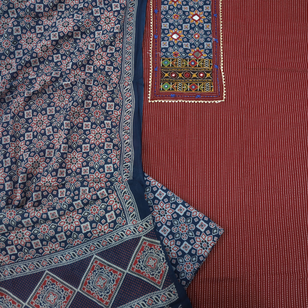 Anokhi Jam Red Ajrak Cotton Top with Printed Dupatta