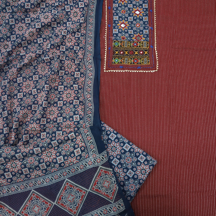 Anokhi Jam Red Ajrak Cotton Top with Printed Dupatta