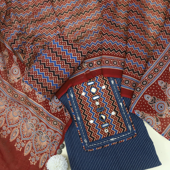 Anokhi Denim Blue Ajrak Cotton Top with Printed Dupatta