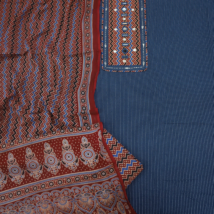 Anokhi Denim Blue Ajrak Cotton Top with Printed Dupatta