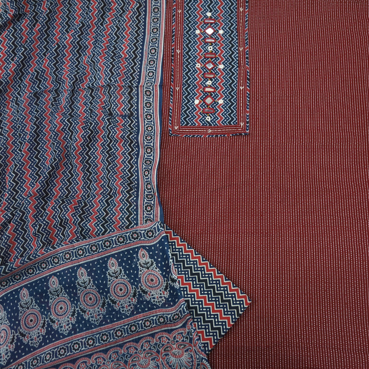 Anokhi Garnet Red Ajrak Cotton Top with Printed Dupatta