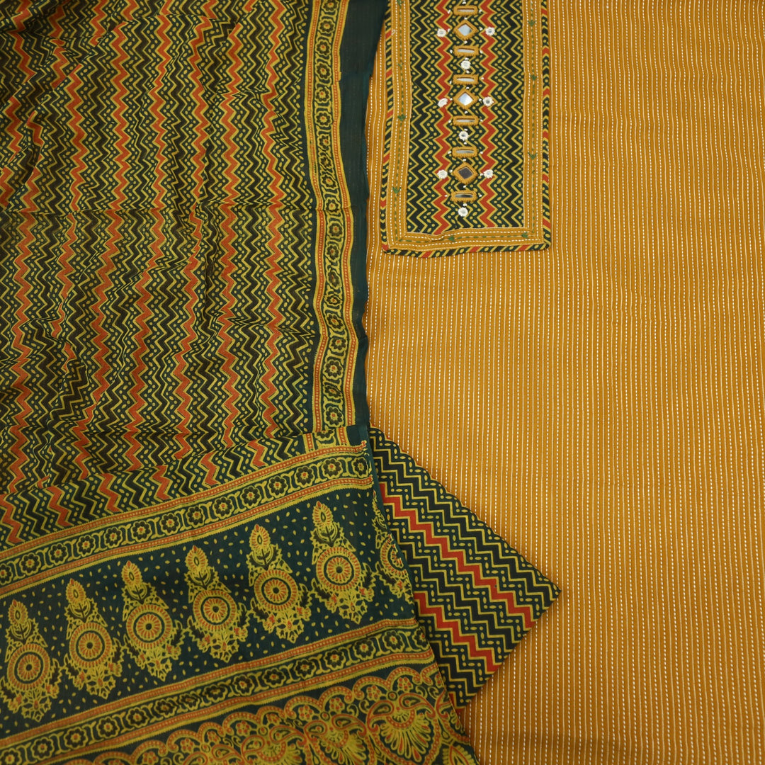 Anokhi Honey Yellow Ajrak Cotton Top with Printed Dupatta