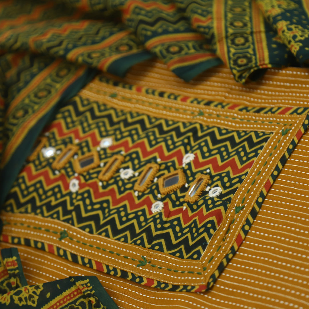 Anokhi Honey Yellow Ajrak Cotton Top with Printed Dupatta