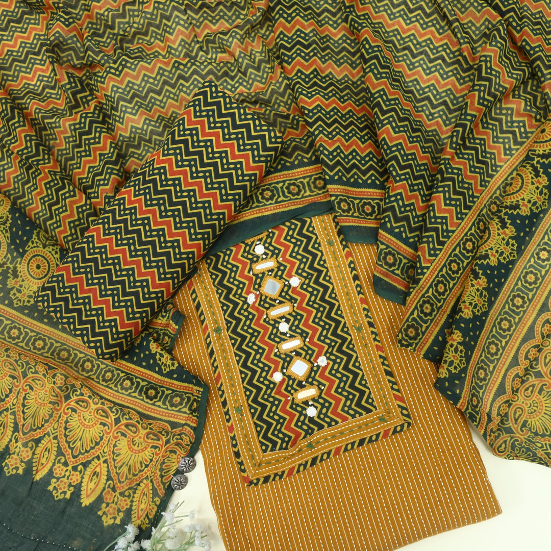 Anokhi Honey Yellow Ajrak Cotton Top with Printed Dupatta