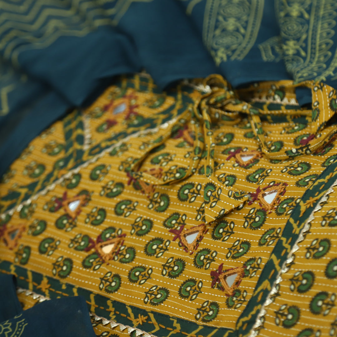 Ruhani Canary Yellow Angrakha Cotton Top With Cotton Dupatta