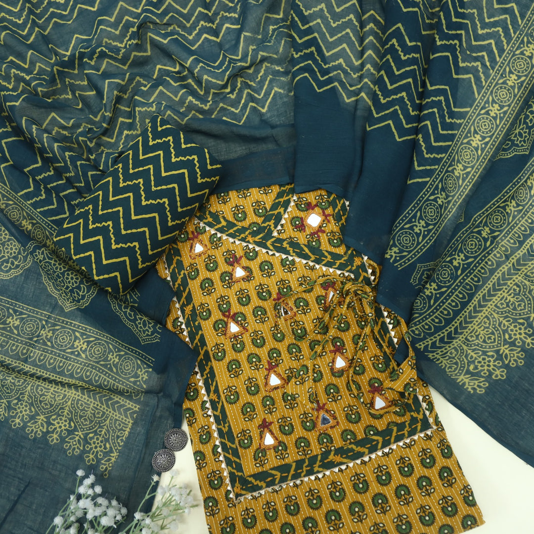 Ruhani Canary Yellow Angrakha Cotton Top With Cotton Dupatta