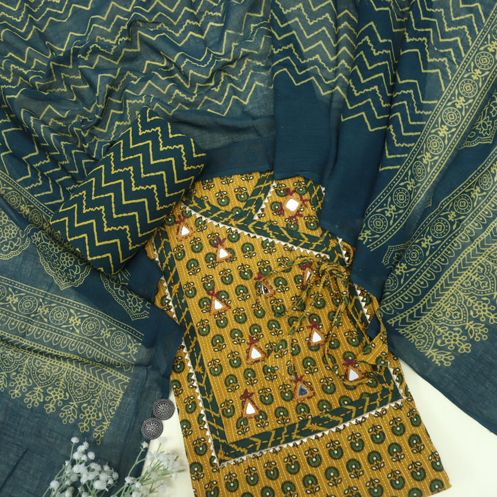 Ruhani Canary Yellow Angrakha Cotton Top With Cotton Dupatta
