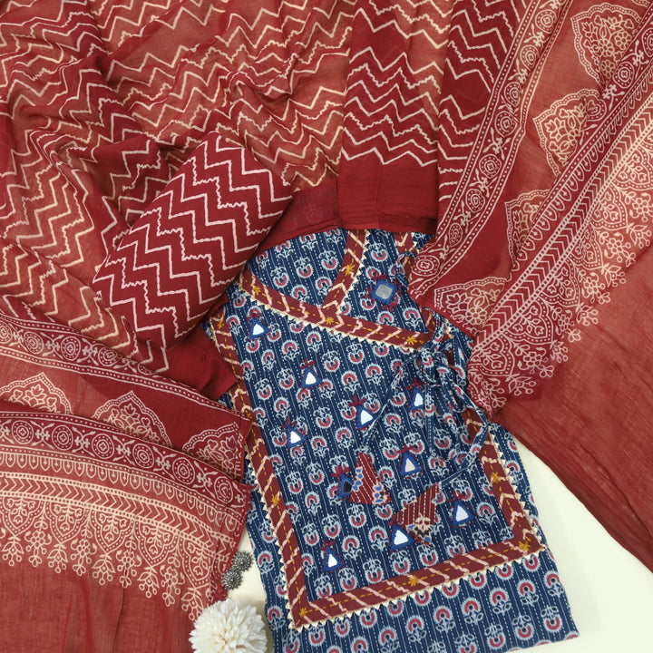 Ruhani Classic Blue Angrakha Cotton Top With Cotton Dupatta