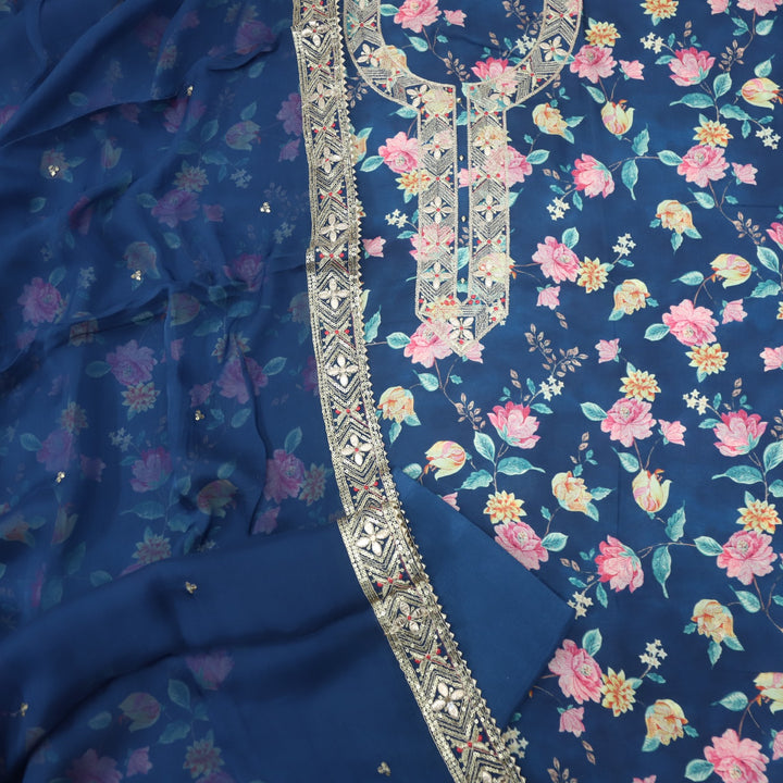 Musavvir Indigo Blue Neck Work Muslin Top with Organza Dupatta