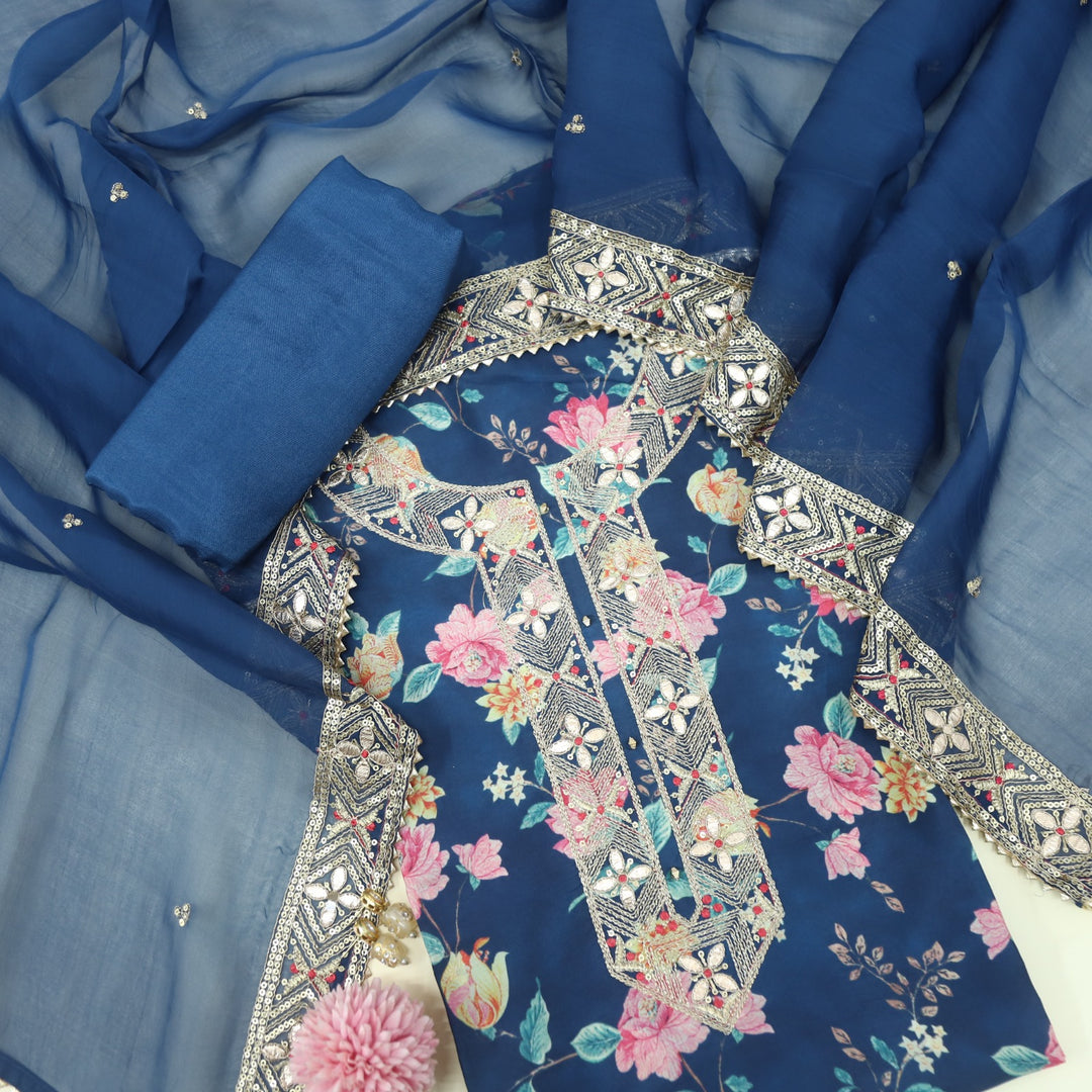 Musavvir Indigo Blue Neck Work Muslin Top with Organza Dupatta