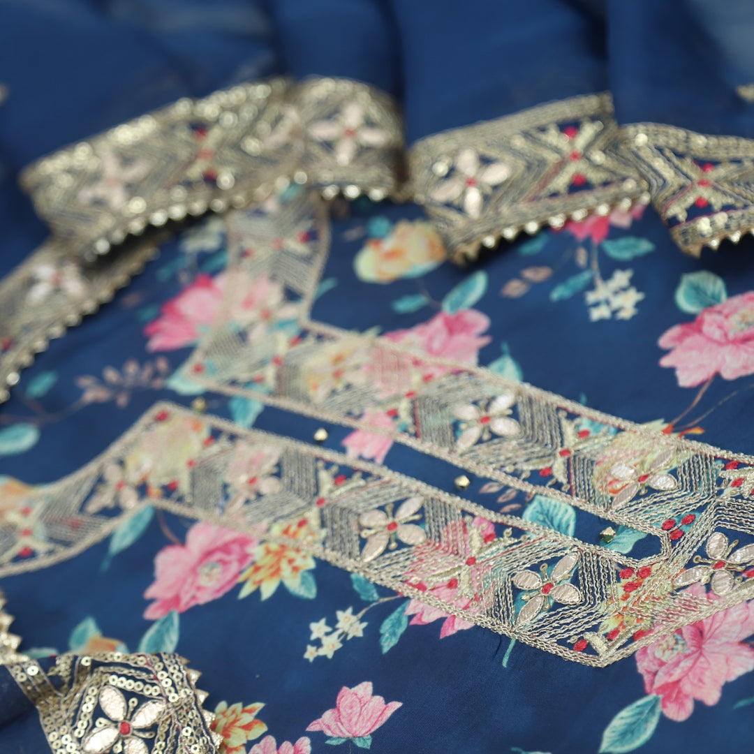 Musavvir Indigo Blue Neck Work Muslin Top with Organza Dupatta