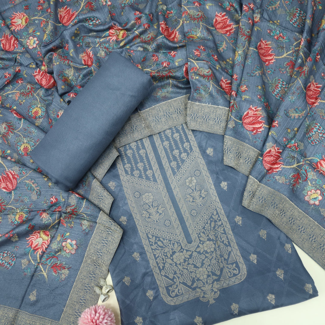 Garj Slate Grey Semi Pashmina Top with Semi Pashmina Dupatta