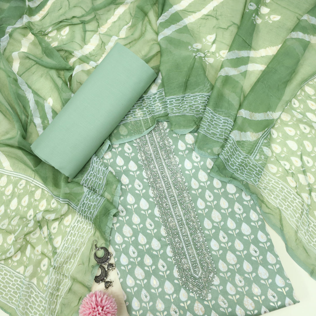 Tadbeer Emerald Green Printed Jam Cotton Top with Chiffon Dupatta